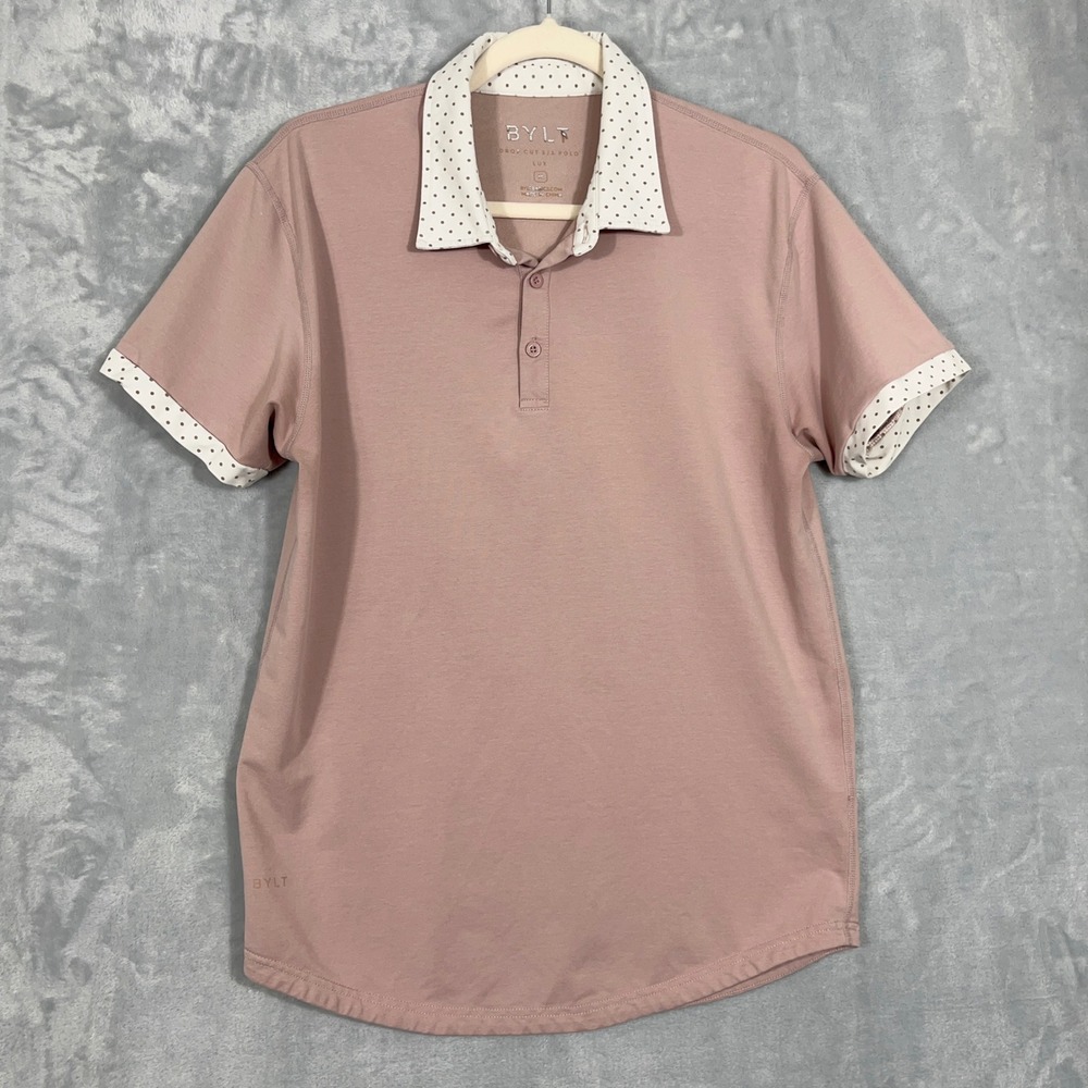 BYLT Mens Polo M Pink Drop Cut Lux Contrast Polka Dot Short Sleeve Casual Preppy